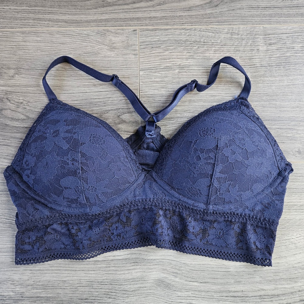 Victoria's Secret Navy Blue Floral Lace Longline Bralette Racerback Bra Large